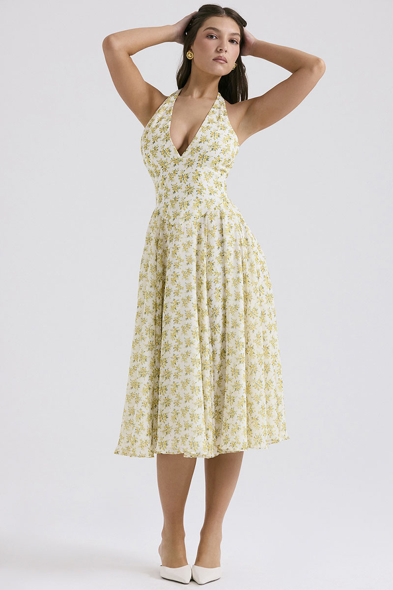 V Neck Halter Cinch Waist Floral Print Pleated Wedding Guest Midi Dresses-Yellow