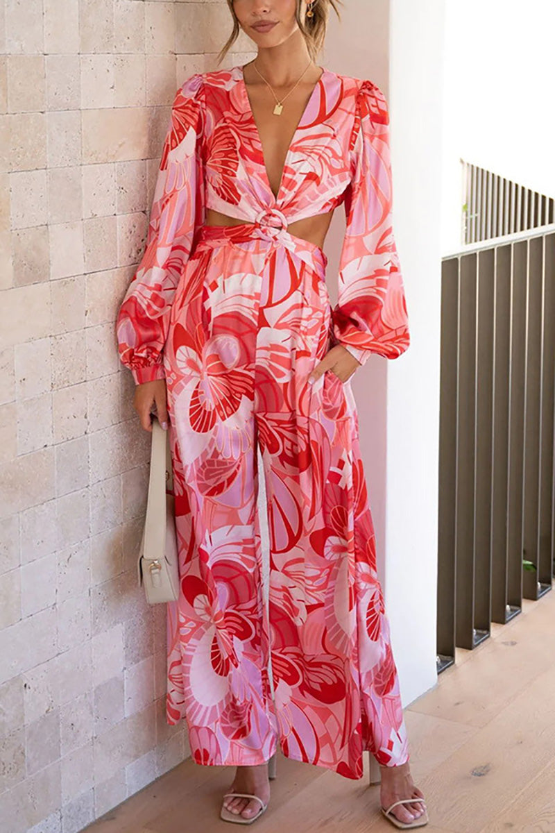 Floral Print Deep V Neck Cutout Flare Long Sleeve Ring Decor Wide Leg Vacation Jumpsuit