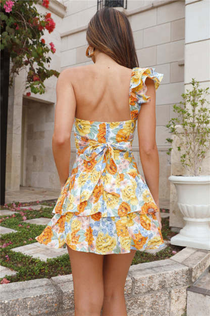 Cut Out Floral Print One Shoulder Sleeveless Ruffled Mini Dresses-Yellow