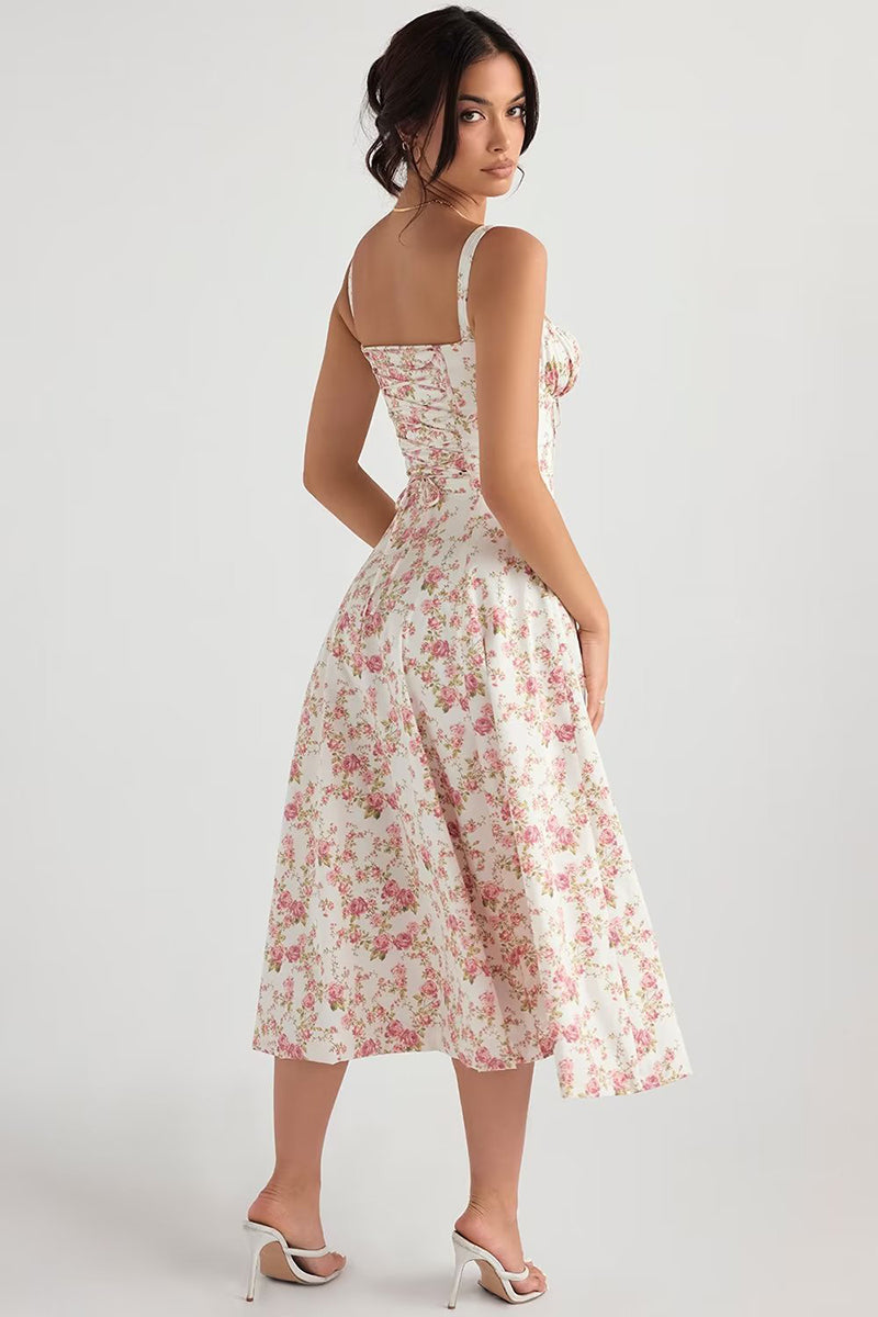 Tied Up Lace Up Floral Print Slit A-Line Vacation Slip Midi Dress