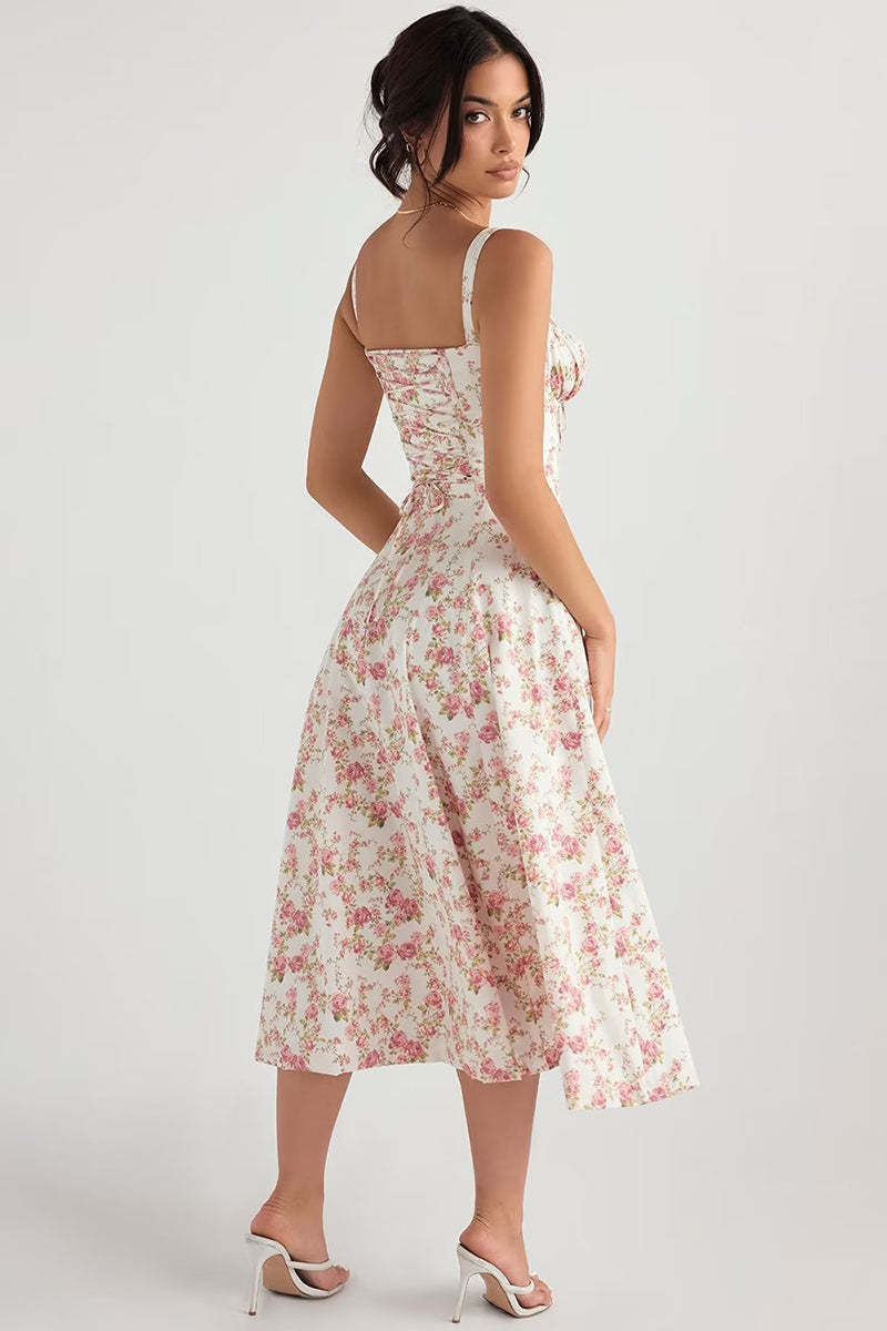 Tied Up Lace Up Floral Print Slit A-Line Vacation Slip Midi Dress