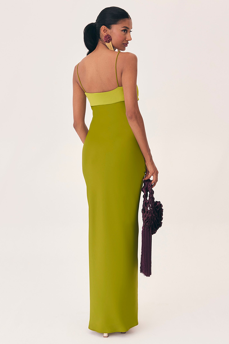 Colorblock Slim Fit Spaghetti Strap Maxi Dresses-Green