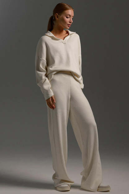 Knit Turndown Collar Sweater Plain Wide Leg Pants Matching Set-Beige
