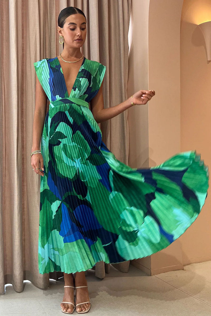 V Neck Sleeveless A-Line Print Maxi Dresses