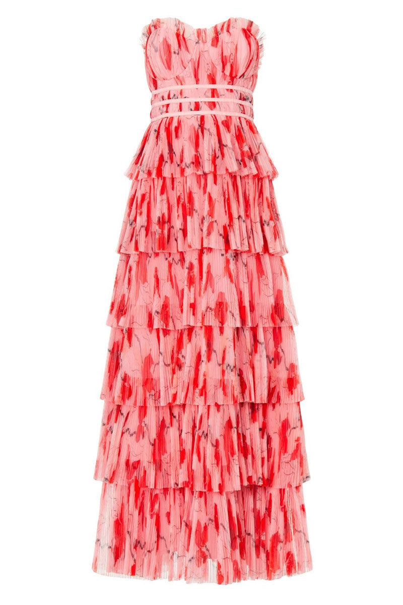 Ruffle Layered Cinch Waist Print Party Maxi Tube Dresses-Pink