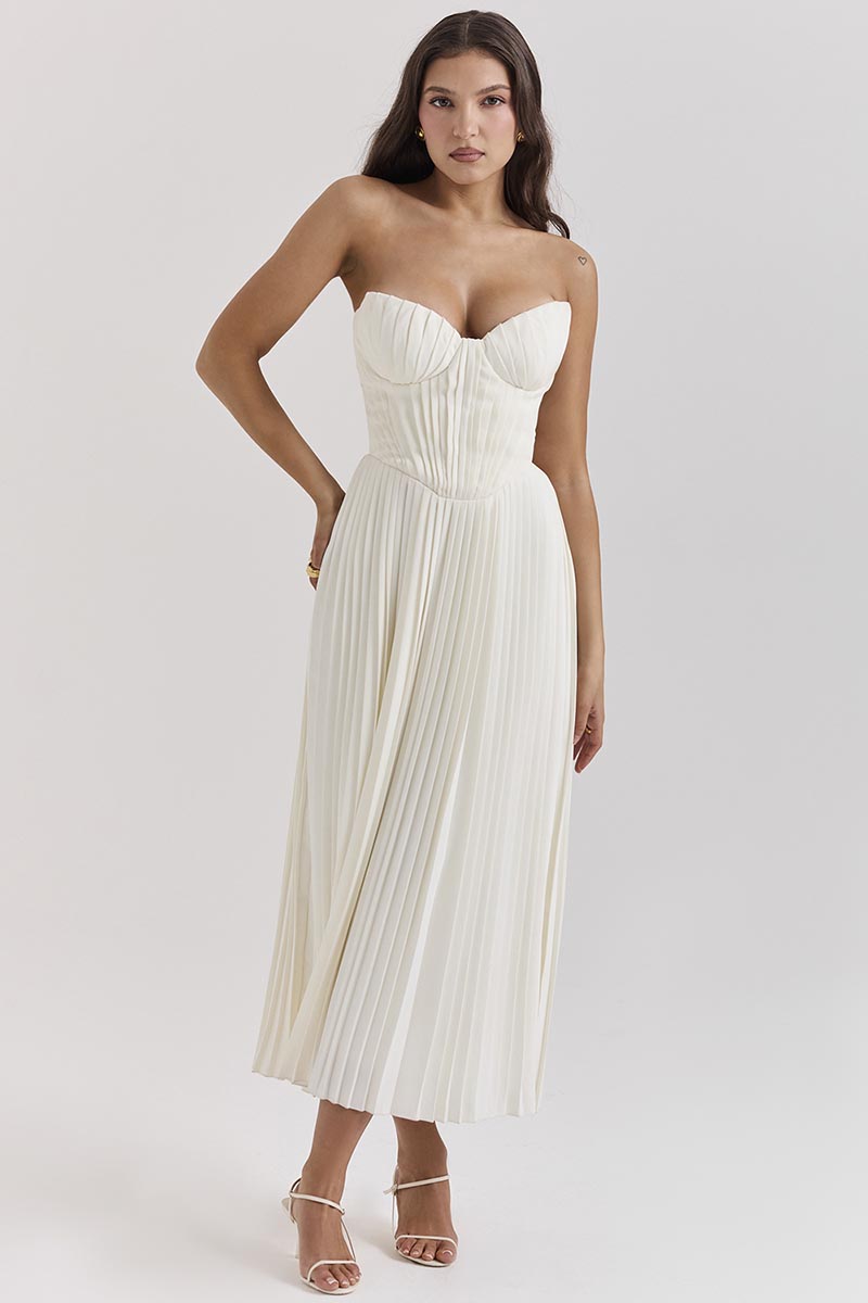 Strapless Corset Pleated Elegant Party Gown Midi Dresses-White