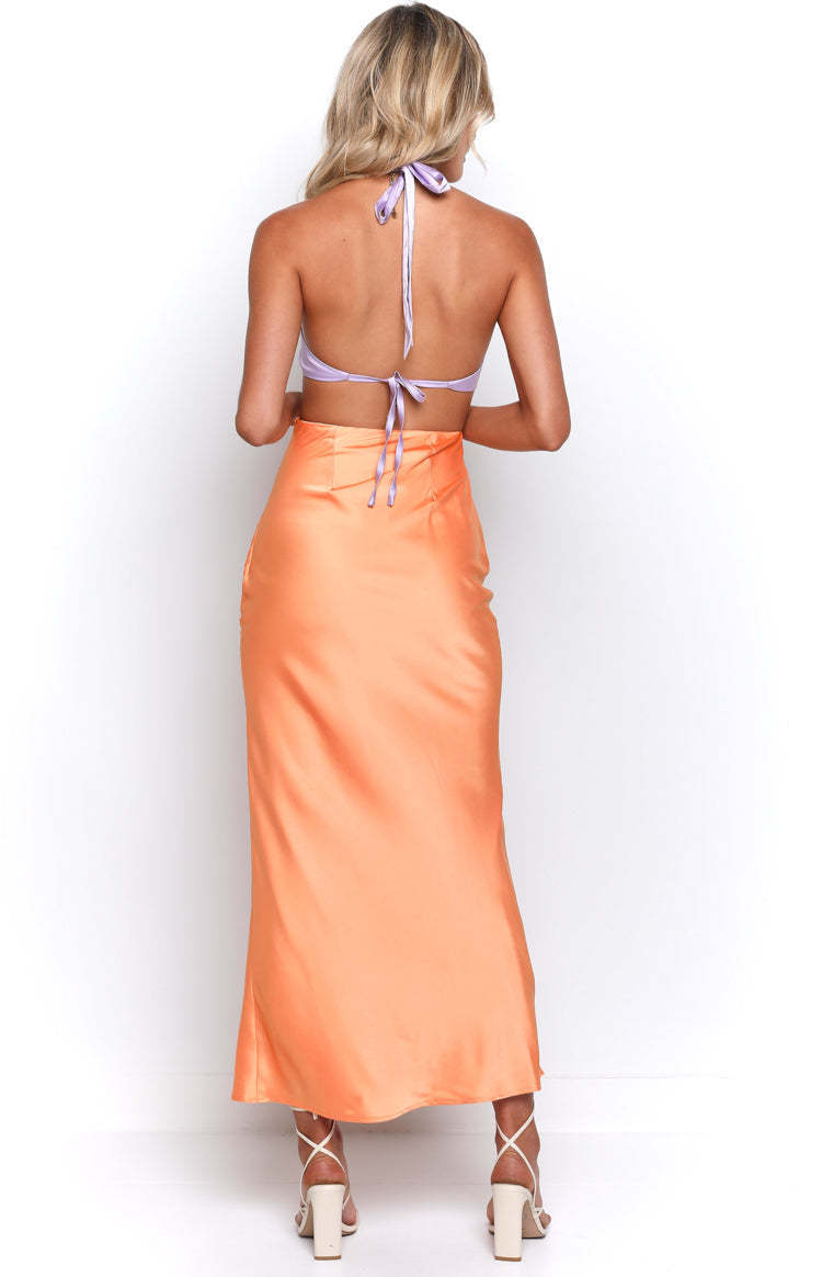 Deep V-neckline Open Back Silky Cocktail Maxi Dress