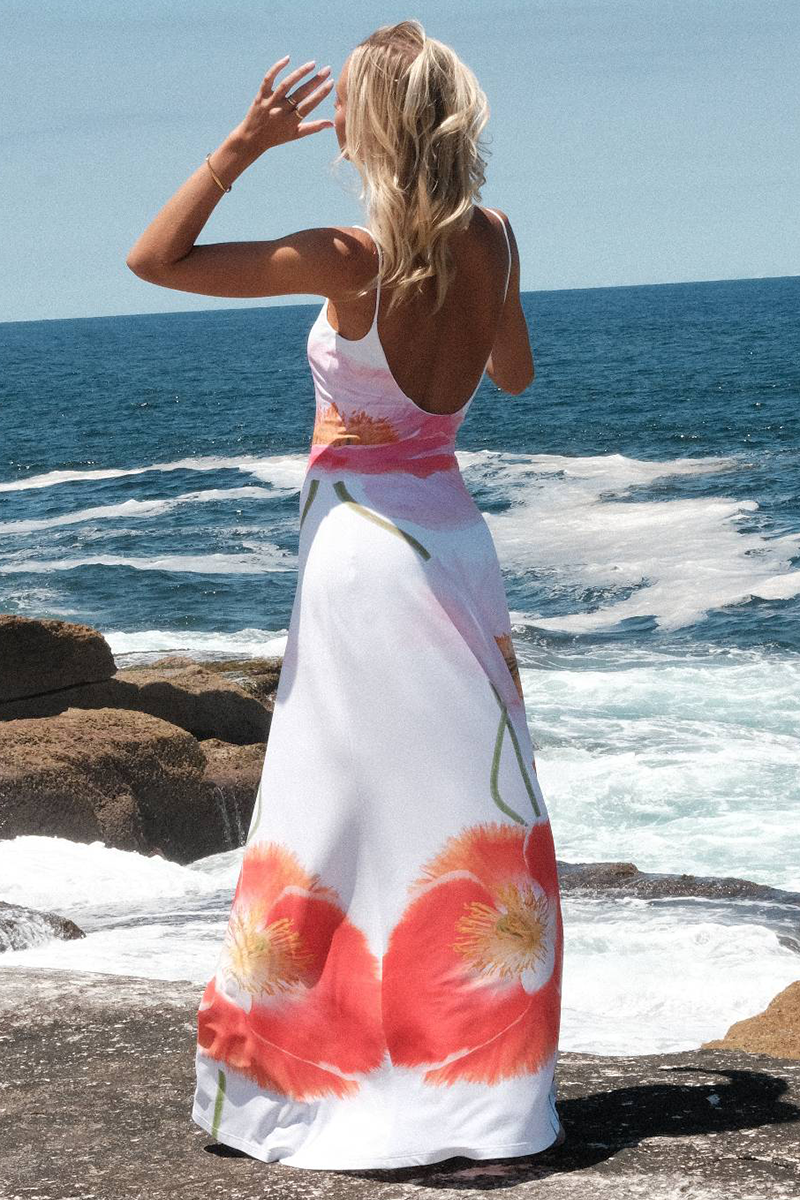 Floral Print U Neck Backless Vacation Slip Maxi Dresses-White