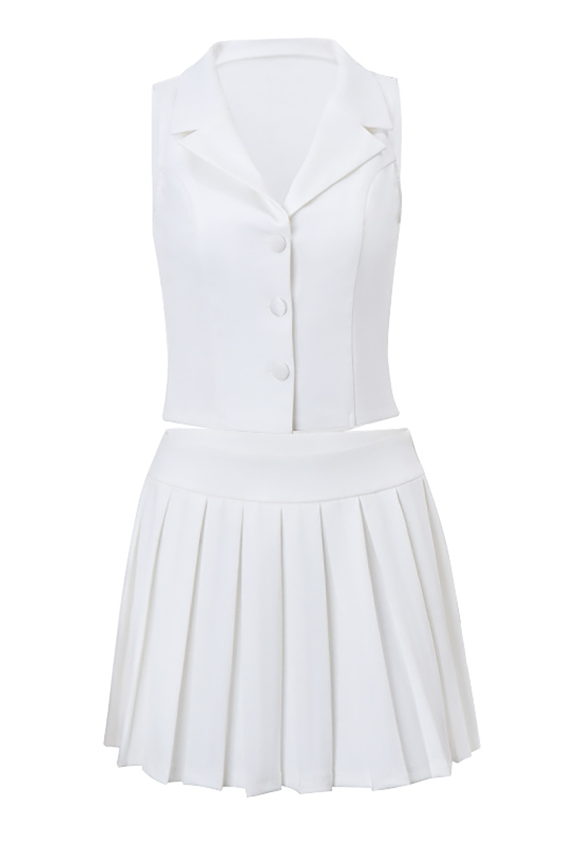 Deep V Neck Button Up Waistcoat Pleated Mini Skirt Matching Set-White