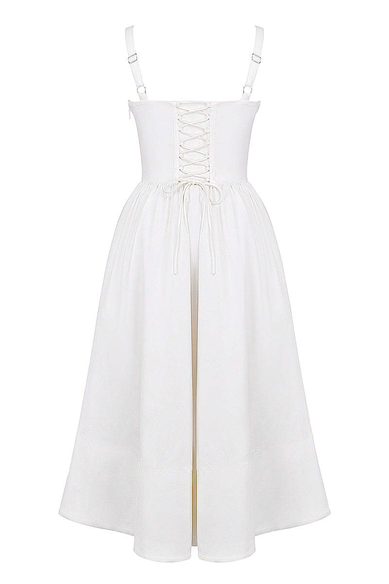 Spaghetti Strap Corset Lace Up Pocket Slit Midi Dresses-White