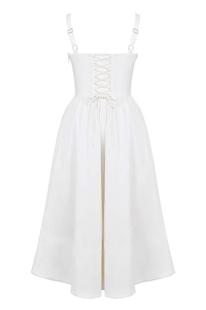 Spaghetti Strap Corset Lace Up Pocket Slit Midi Dresses-White