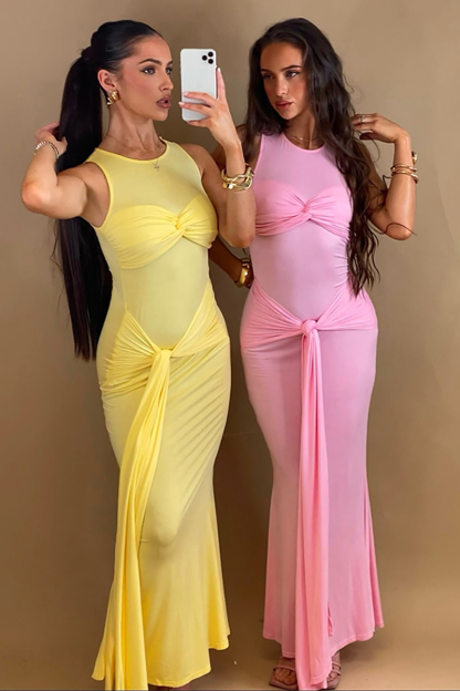 Twisted Knot Ruched Slim Fit Long Streamer Maxi Tank Dresses-Pink