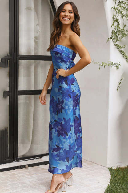 Floral Print Strapless Cut Out Flowy Satin Vacation Maxi Dresses