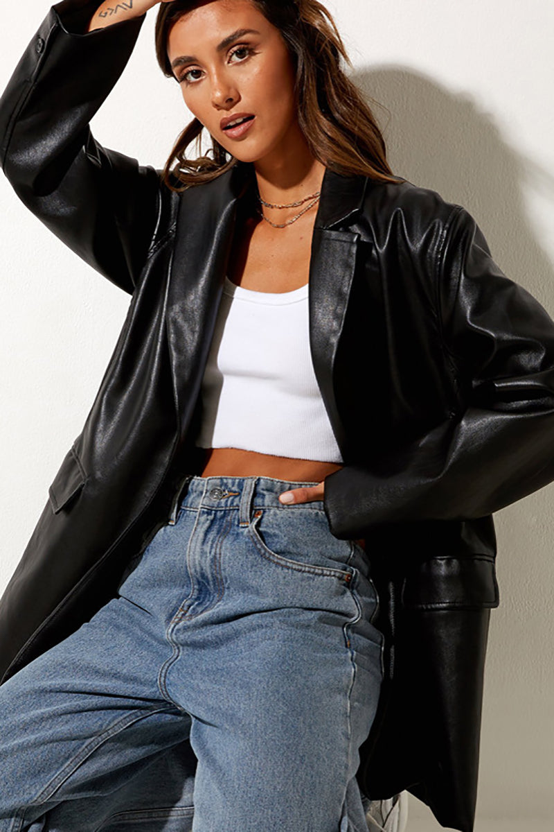 Faux Leather Casual Long Sleeve Blazer Coat