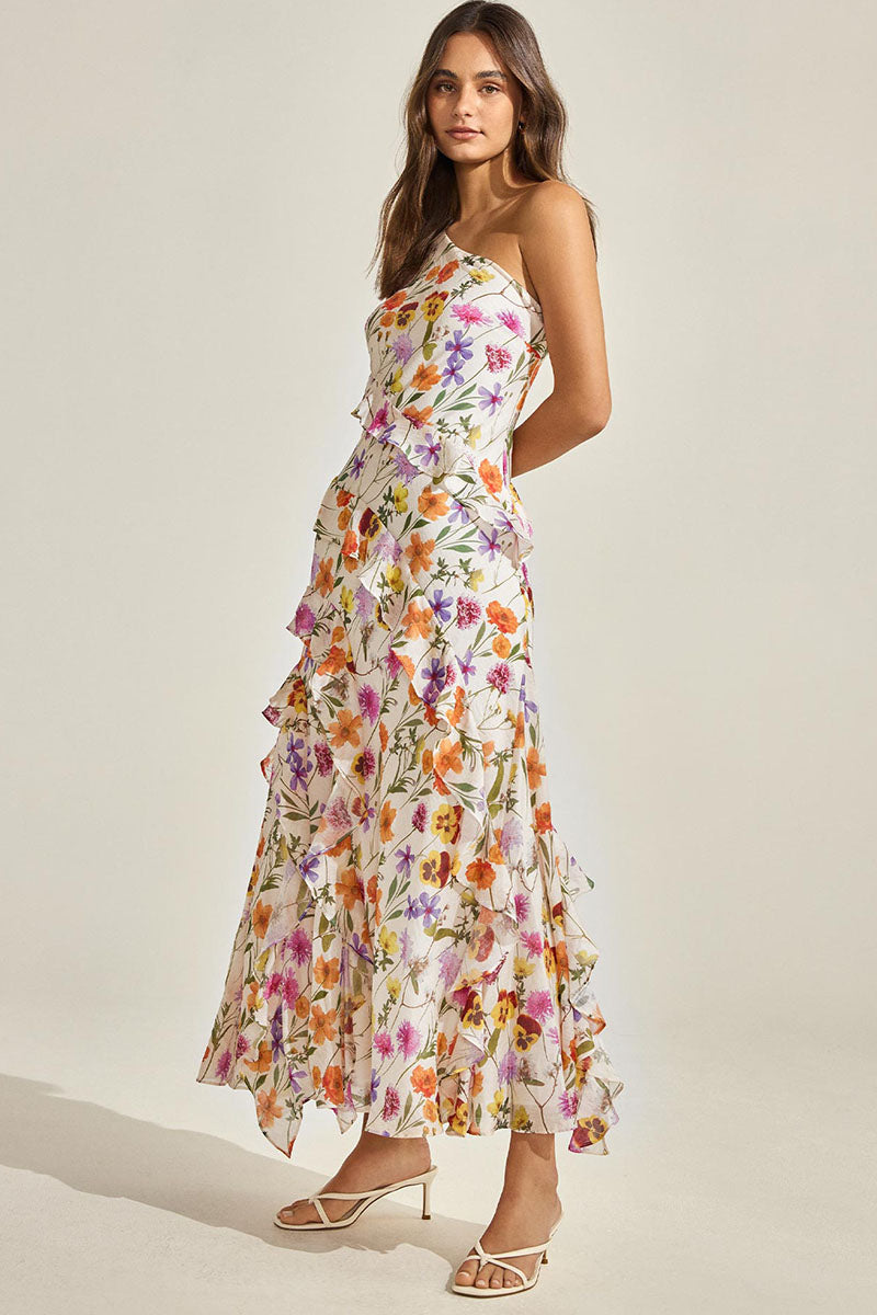 One Shoulder Multicolor Floral Print Flounced Maxi Dresses-Beige