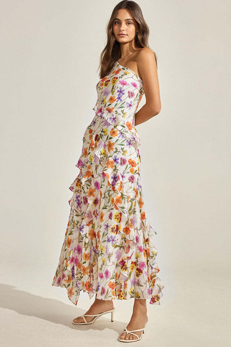 One Shoulder Multicolor Floral Print Flounced Maxi Dresses-Beige