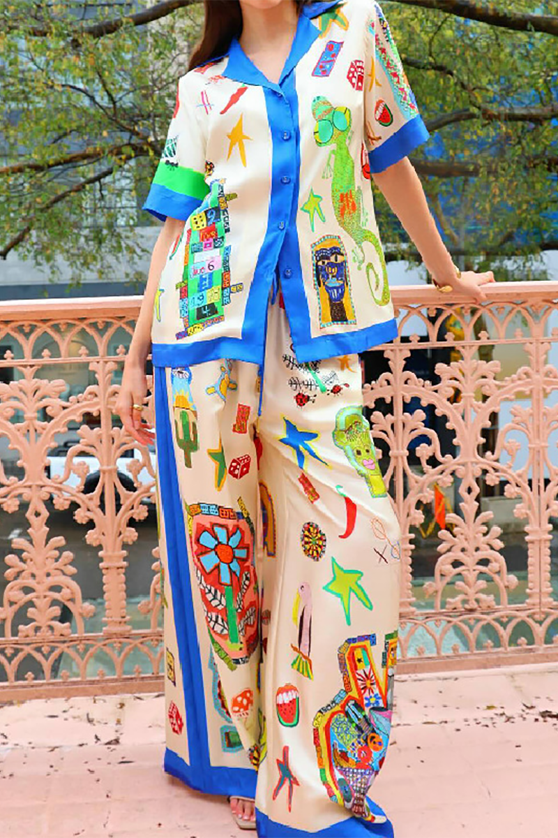 Doodle Print Short Sleeve Blouse Colorblock Wide Leg Pants Matching Set-Beige