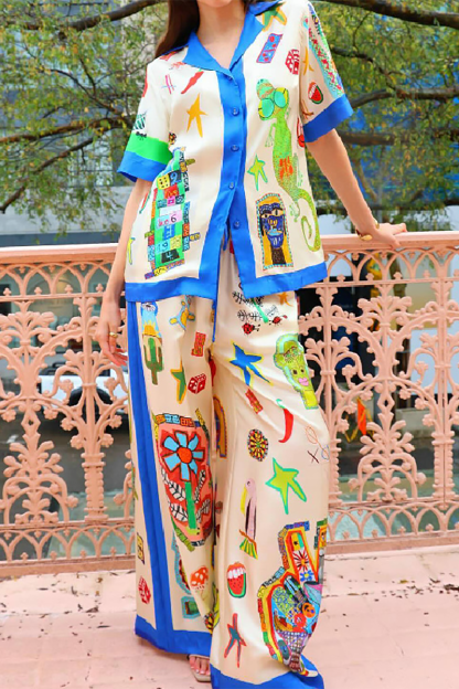 Doodle Print Short Sleeve Blouse Colorblock Wide Leg Pants Matching Set-Beige
