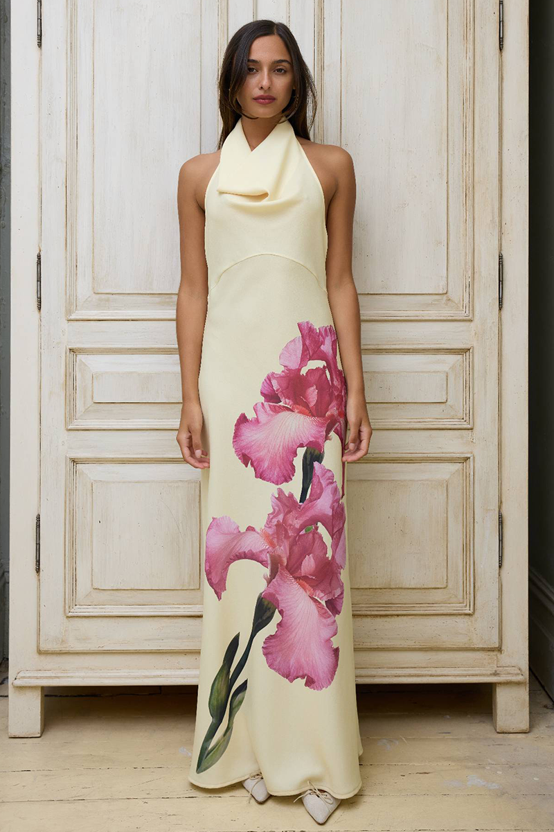 Floral Print Cowl Neck Backless Slim Fit Maxi Dresses-Yellow