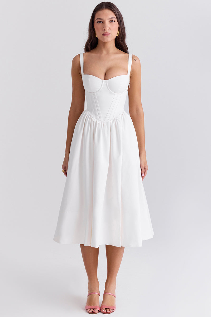 Spaghetti Strap Corset Lace Up Pocket Slit Midi Dresses-White
