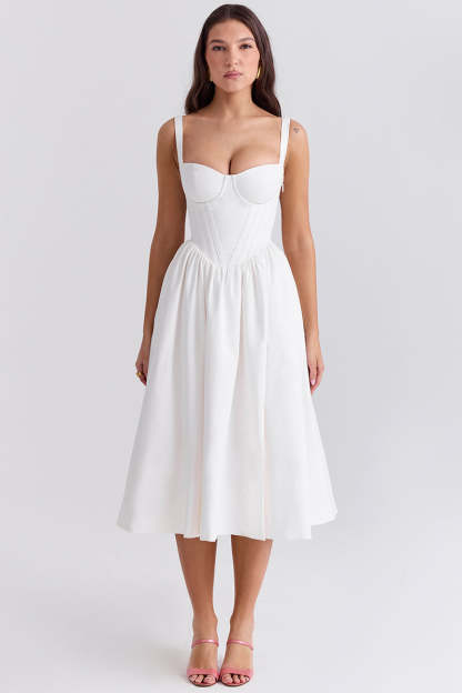 Spaghetti Strap Corset Lace Up Pocket Slit Midi Dresses-White