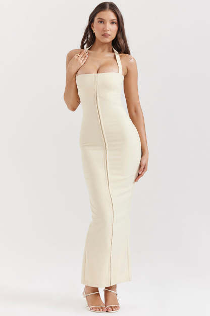 Halter Neck Backless Zipper Split Formal Party Maxi Dresses-Beige