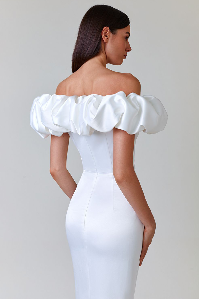 Puffy Ruffled Trim Off Shoulder Corset Slit Formal Party Maxi Dresses-White