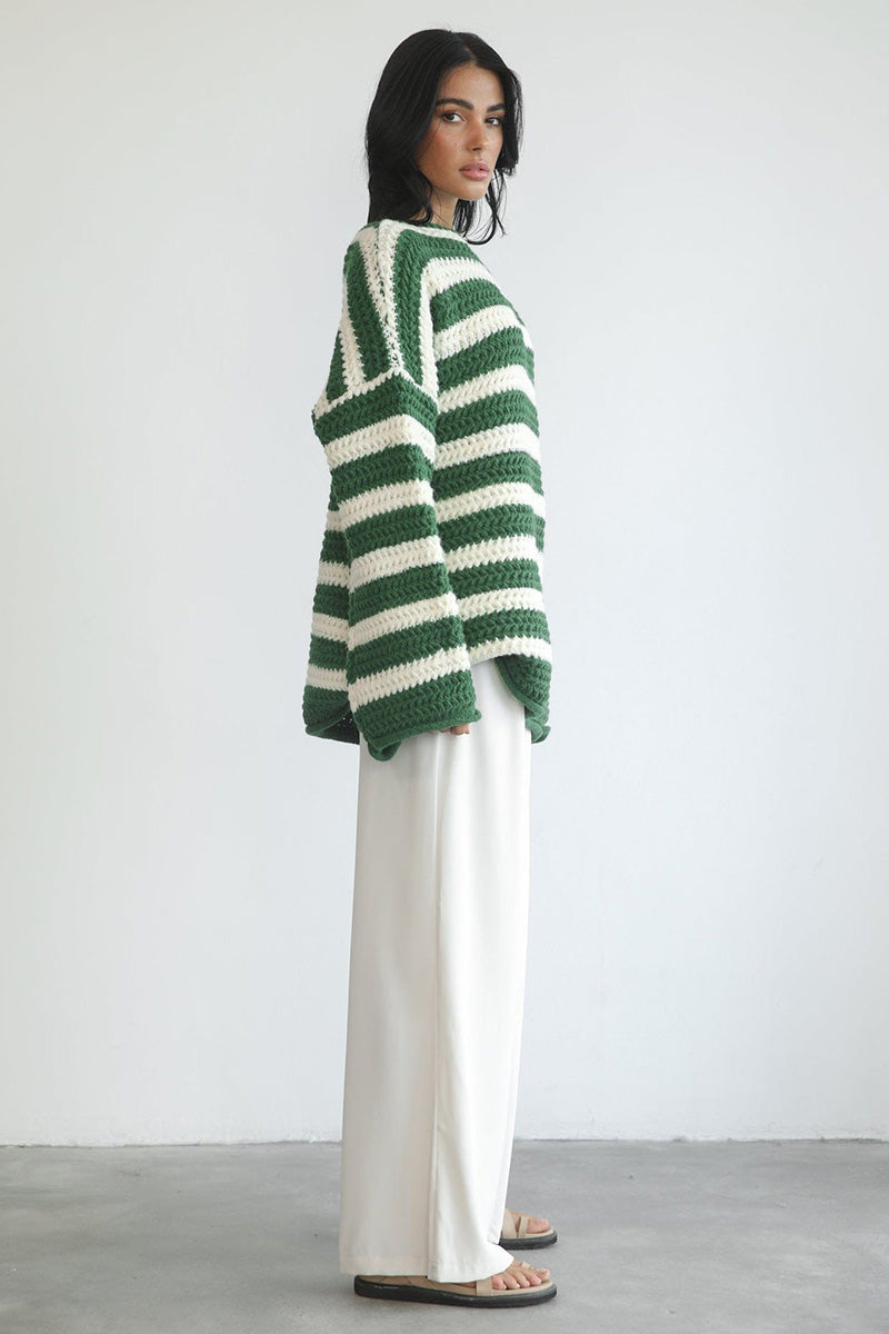 Striped Colorblock Knit Long Sleeve Casual Sweater-Green