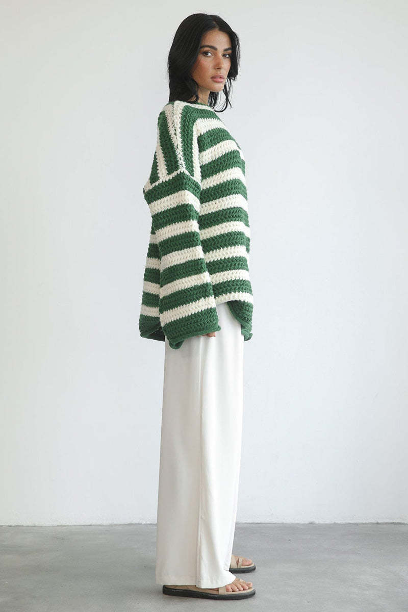 Striped Colorblock Knit Long Sleeve Casual Sweater-Green