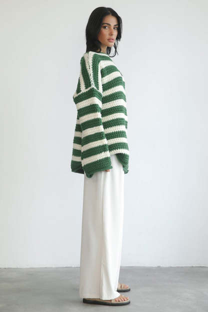 Striped Colorblock Knit Long Sleeve Casual Sweater-Green