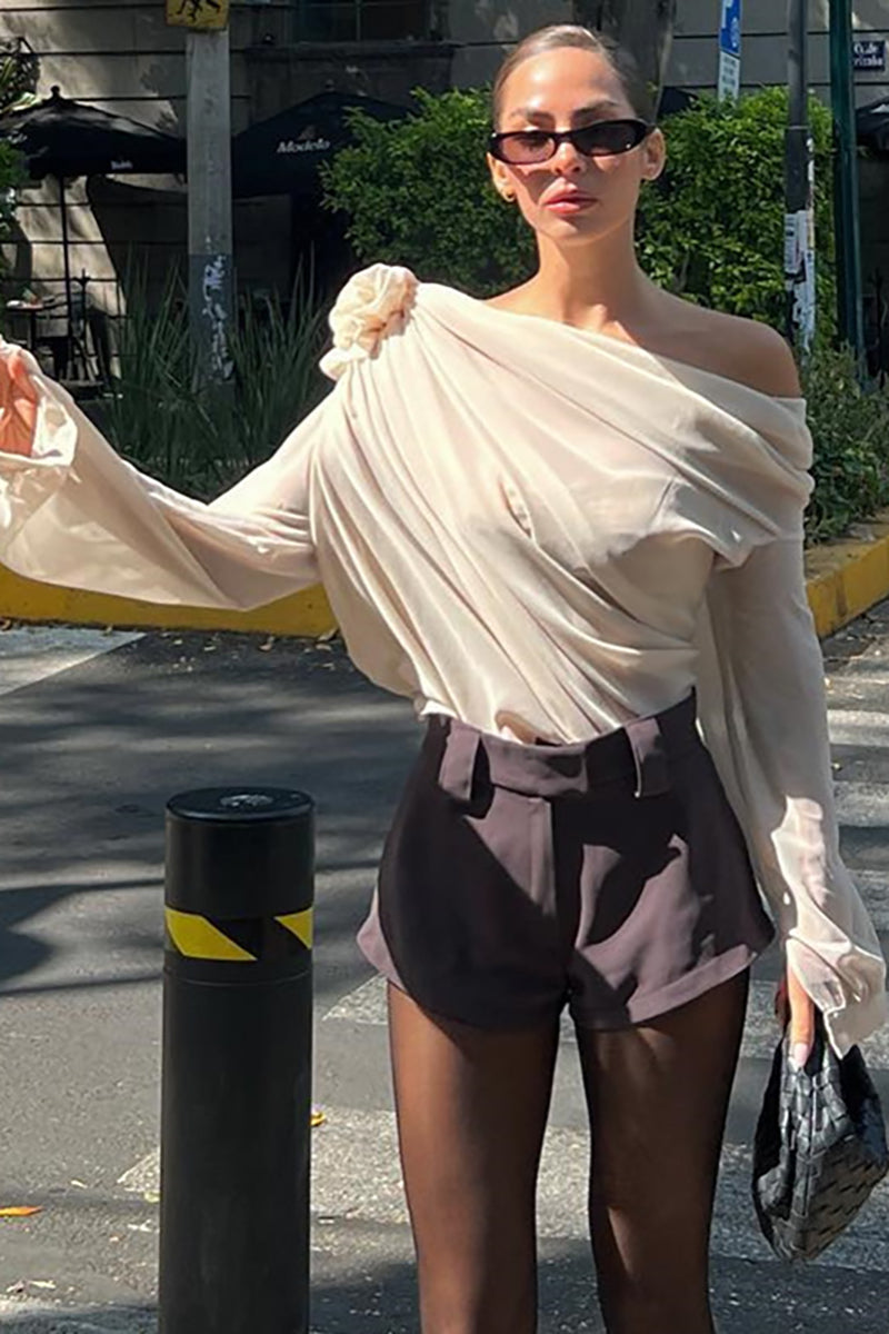 Sloping Shoulder 3D Flower Decor Long Sleeve Mesh Ruched Top-Beige