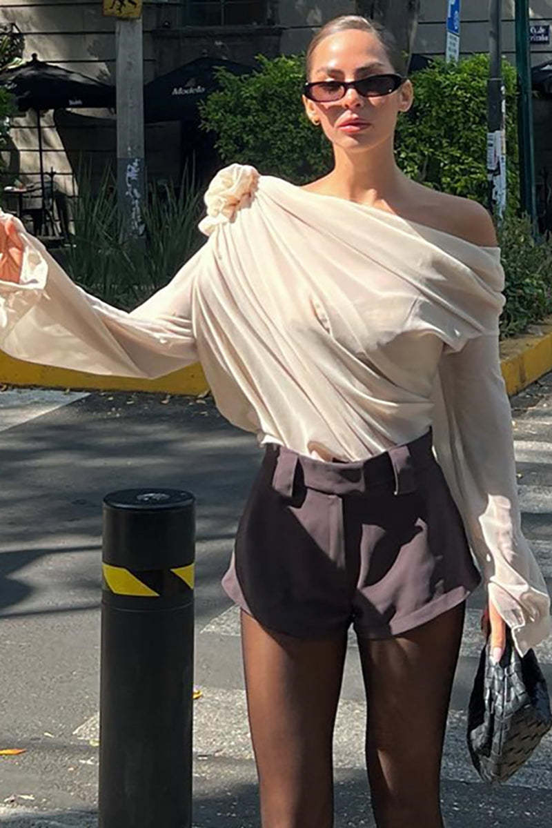 Sloping Shoulder 3D Flower Decor Long Sleeve Mesh Ruched Top-Beige