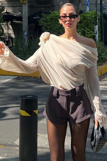 Sloping Shoulder 3D Flower Decor Long Sleeve Mesh Ruched Top-Beige