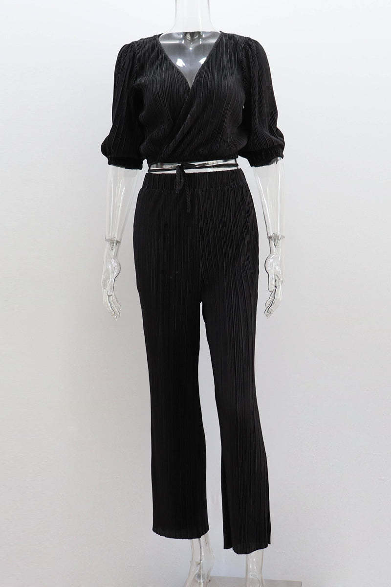 Haif Puffy Sleeve V Neck Tied Up Crop Top Straight Leg Pants Pleated Slim Matching Sets