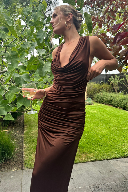 Sleeveless Cowl Neckline Ruched Backless Maxi Dresses-Brown Pre Order