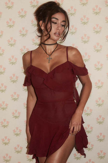 Ruffle V Neck Sash Backless Layered Mini Dresses-Burgundy Pre Order