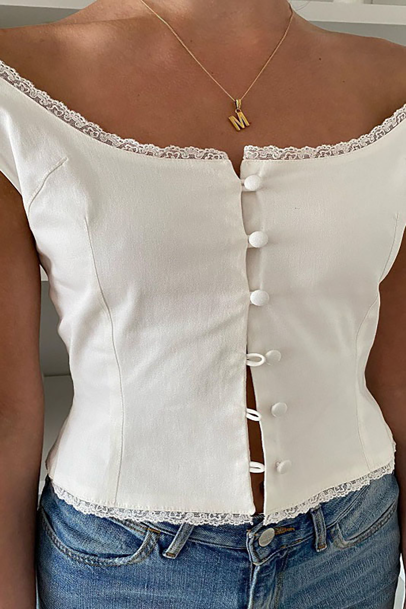 Solid Color Single-Breasted Lace Trim Thick Straps Sleeveless Top-White