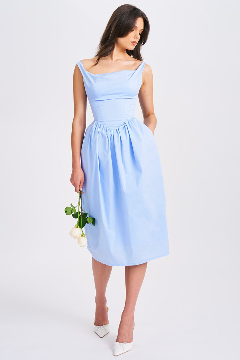 Cowl Neck Lace Up Cinch Waist Solid Color Midi Dresses-Blue Pre Order