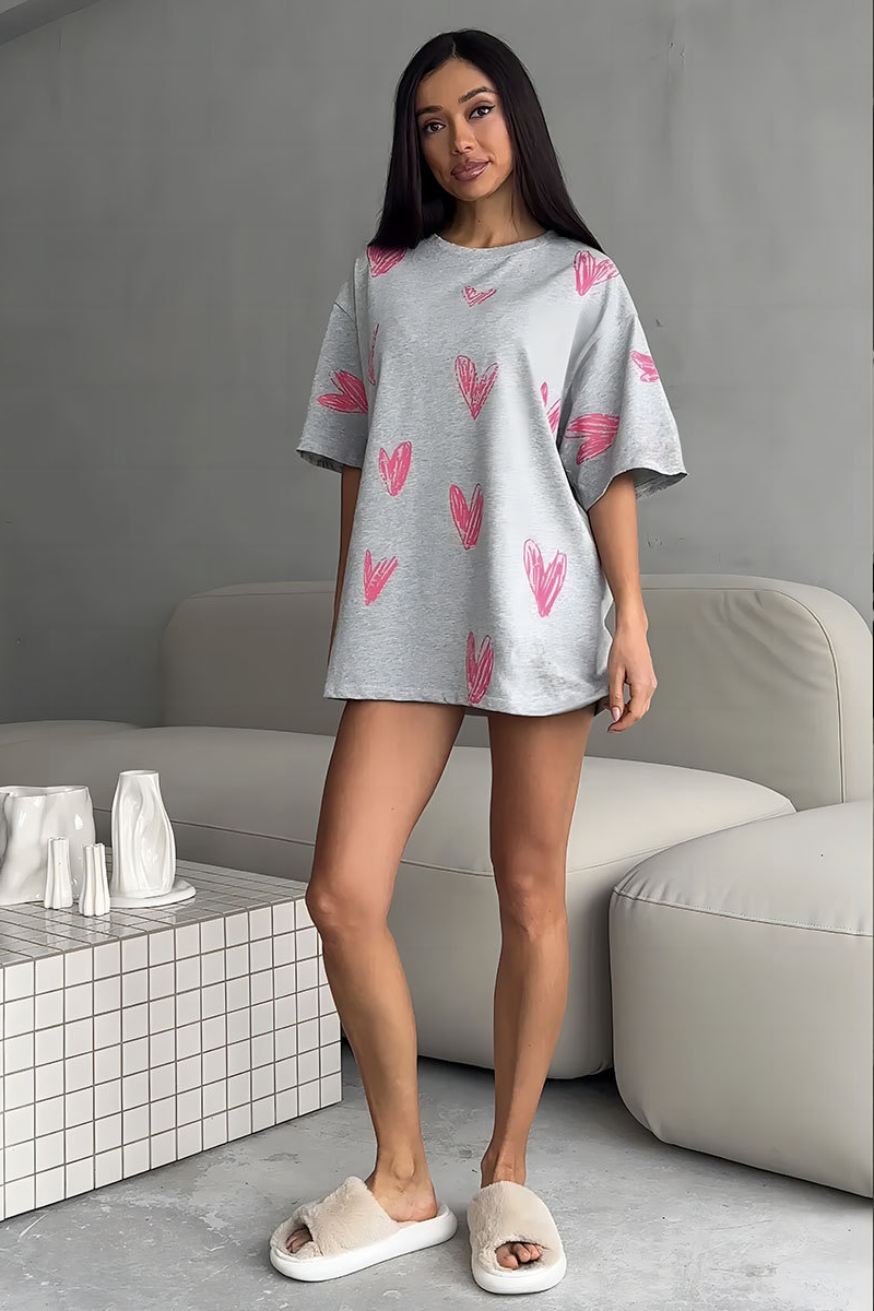 Heart Print Half Sleeve Loose Fit Casual T-shirt-White