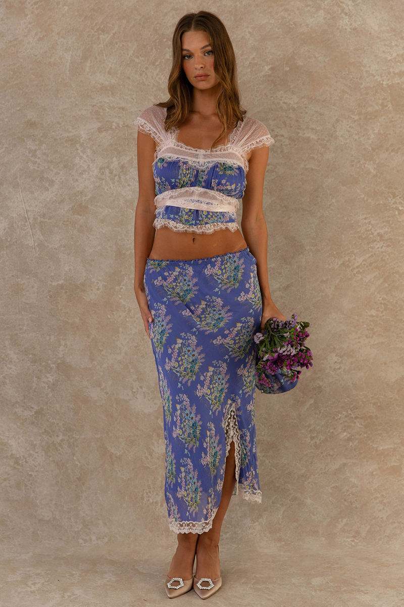 Lace Patchwork Crop Top Floral Print Midi Skirt Matching Set-Blue