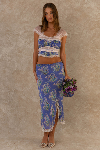 Lace Patchwork Crop Top Floral Print Midi Skirt Matching Set-Blue