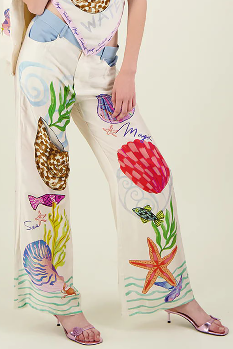 Starfish Seashells Print Long Sleeve Blouse Wide Leg Pants Matching Set-White