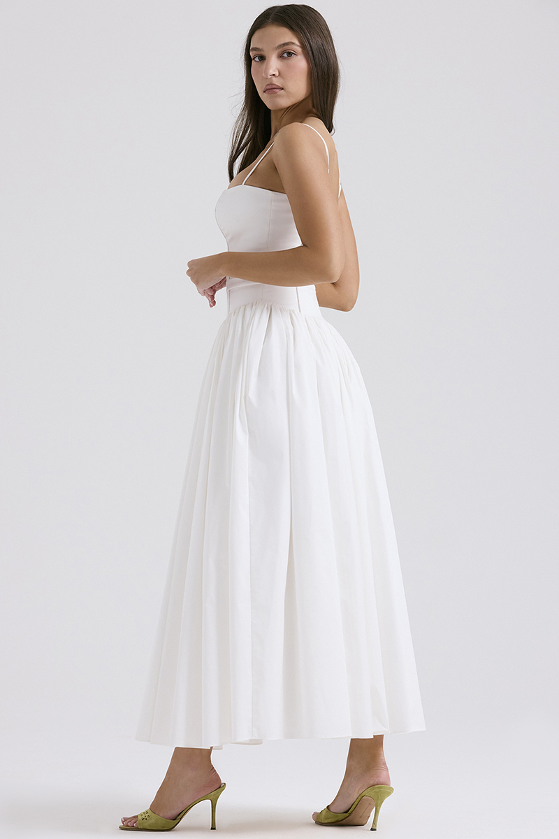 Spaghetti Strap Boat Neck Cinch Waist Pleated Hem Maxi Dresses-White