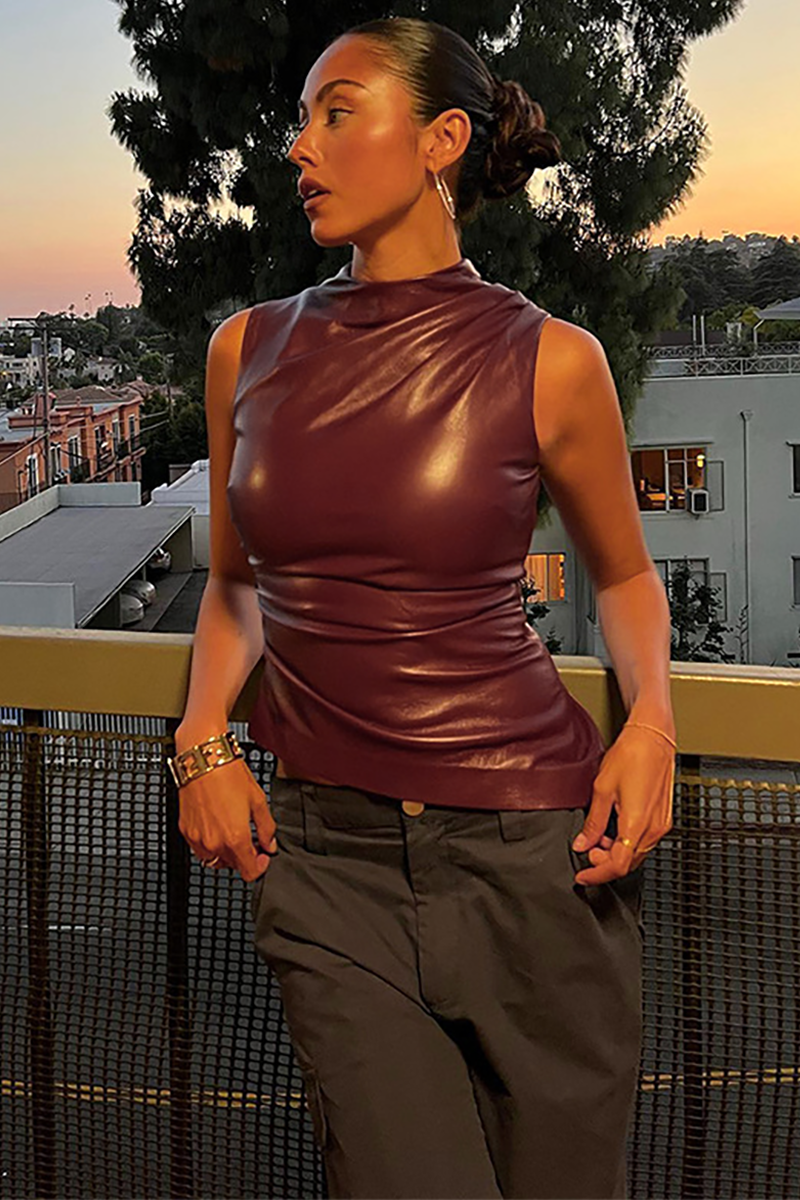 PU Leather Stand Collar Ruched Solid Color Asymmetric Tank Top-Burgundy