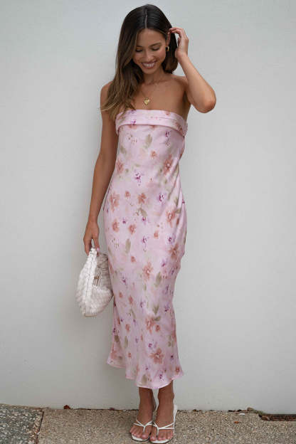 Backless Folded Bust Floral Print Satin Tube Maxi Dresses