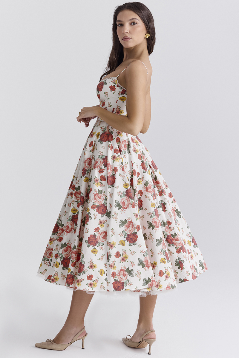 Floral Print Corset Spaghetti Strap Midi Dresses-White
