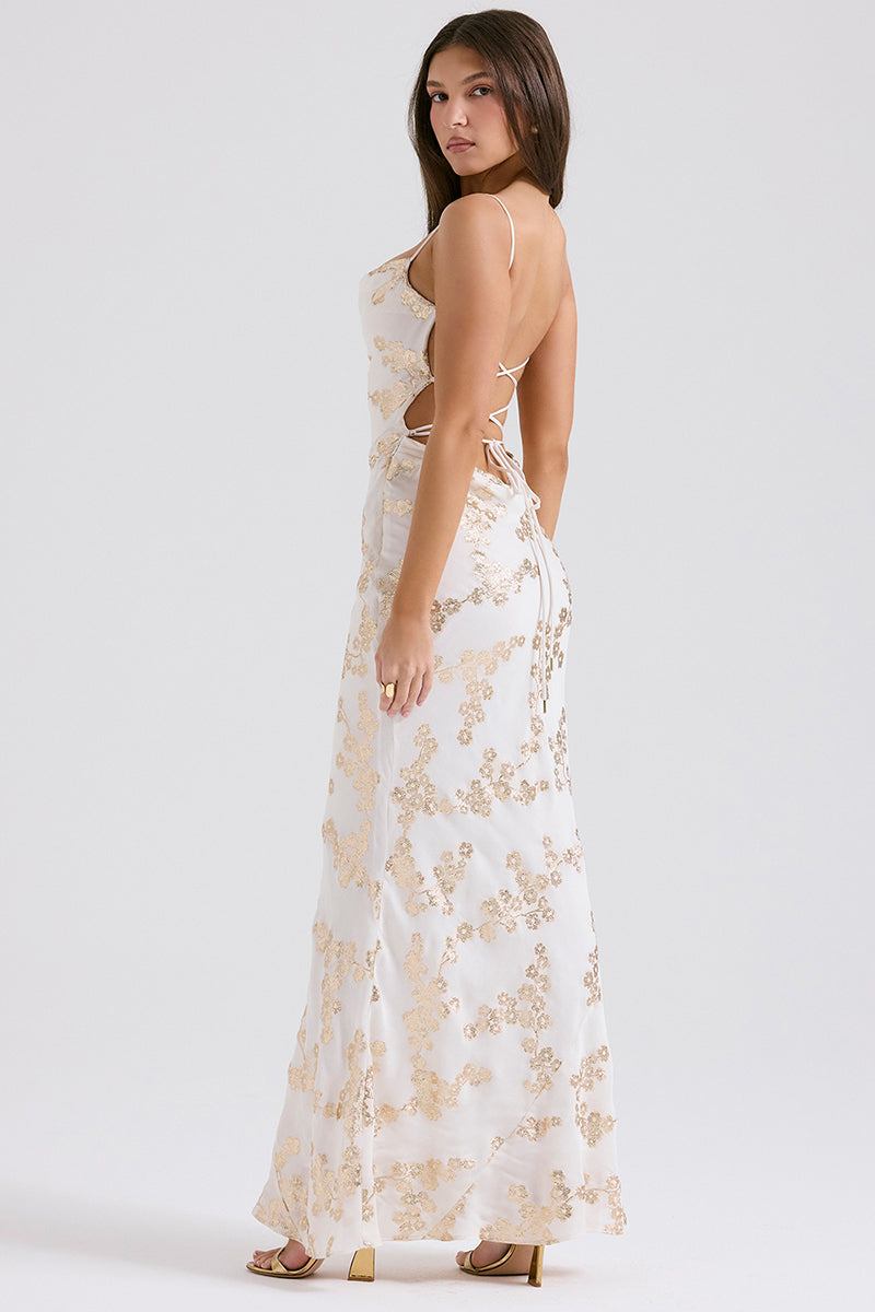 Shimmering Floral Pattern Lace Up Backless Fishtail Hem Slip Maxi Dresses-White