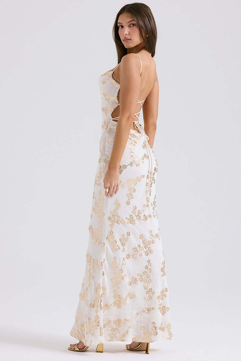 Shimmering Floral Pattern Lace Up Backless Fishtail Hem Slip Maxi Dresses-White