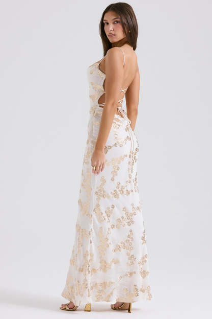Shimmering Floral Pattern Lace Up Backless Fishtail Hem Slip Maxi Dresses-White