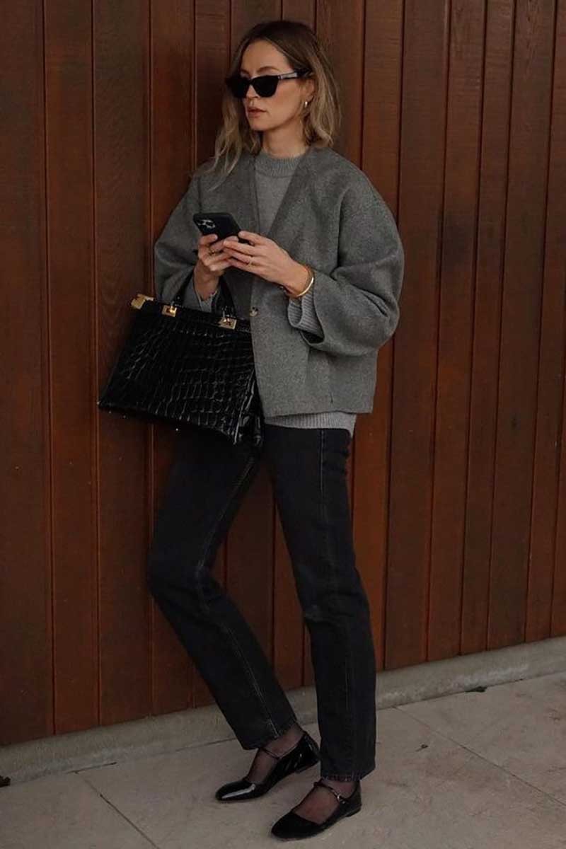 Open Front Long Sleeve Loose Fit Plain Woolen Cardigan-Grey